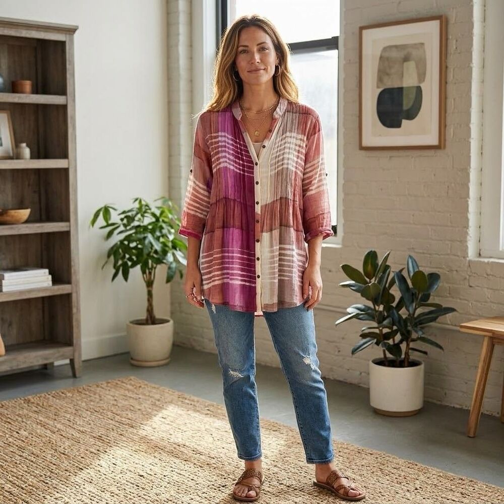 Chaudry KC size XL cotton semi sheer plaid button down shirt.